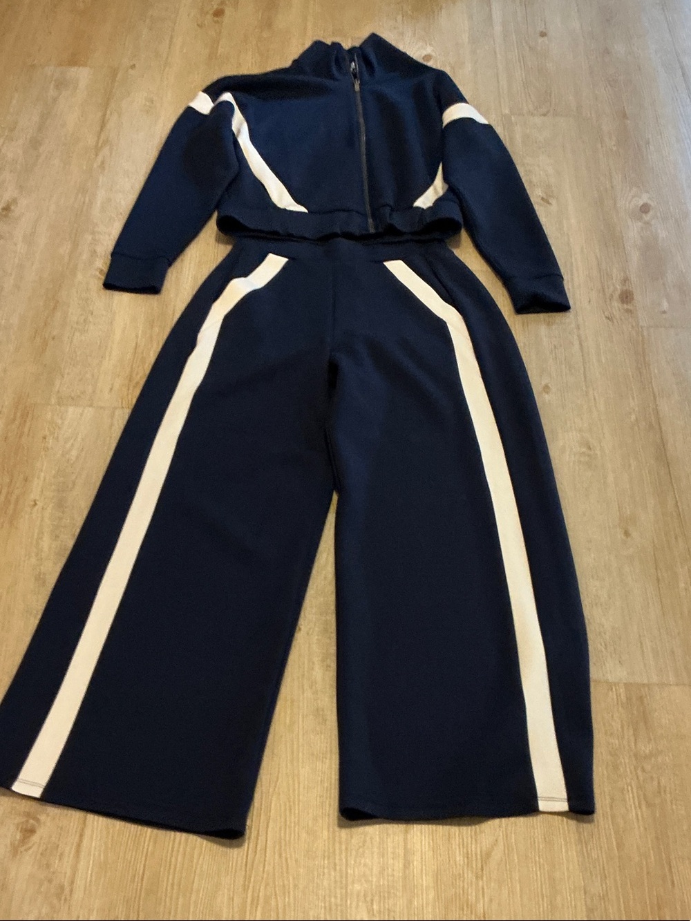 SPANX Navy Wide-Leg Knit Pants with White Side Stripes
